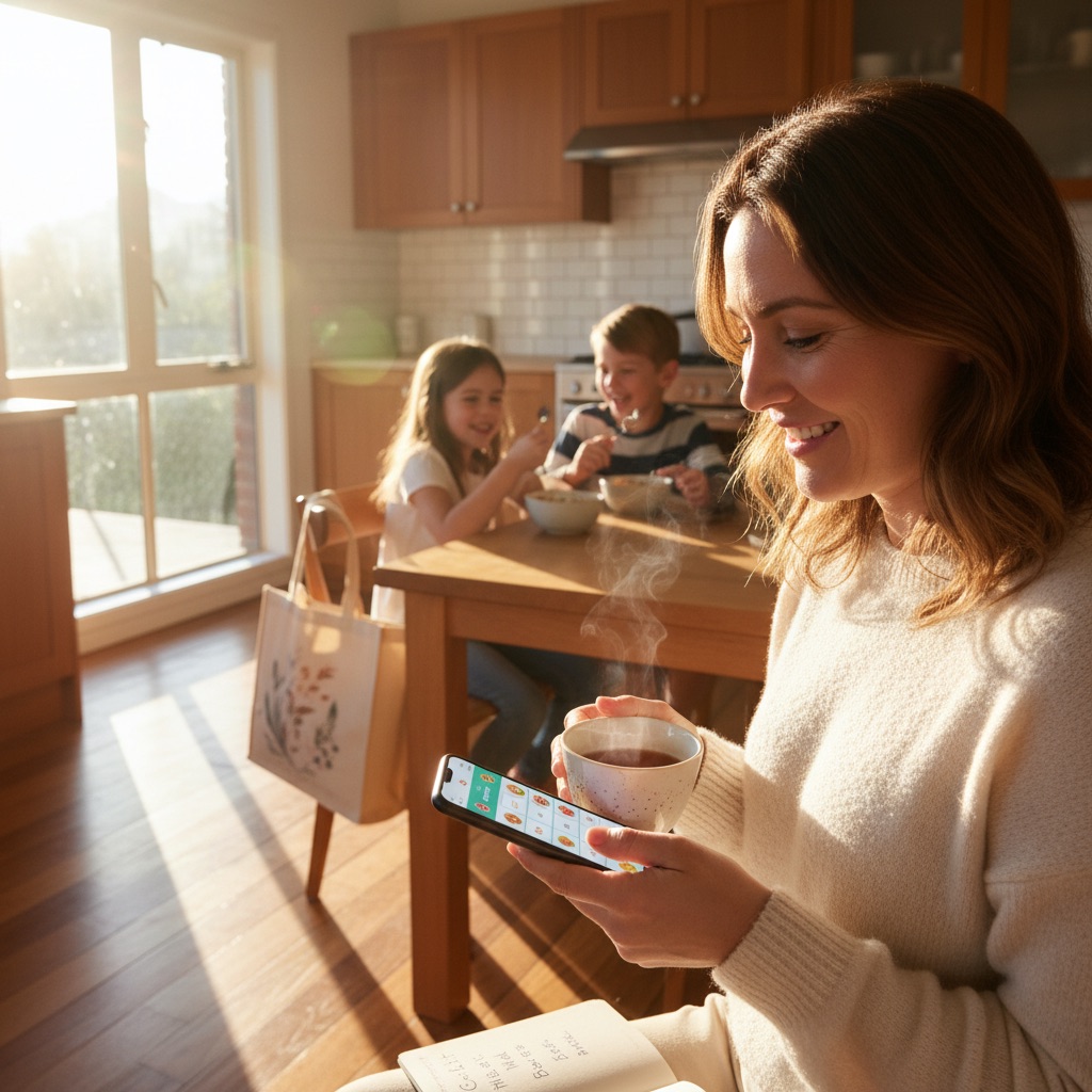 A relaxed mum enjoying her morning tea while her kids eat breakfast, with a weekly meal plan on her phone